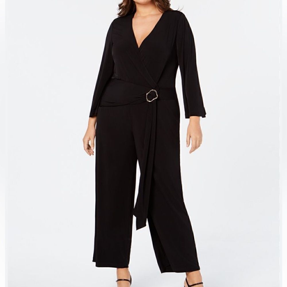 Calvin Klein Plus Size V-Neck Long Sleeve Jumpsuit | Tall Girl Friendly